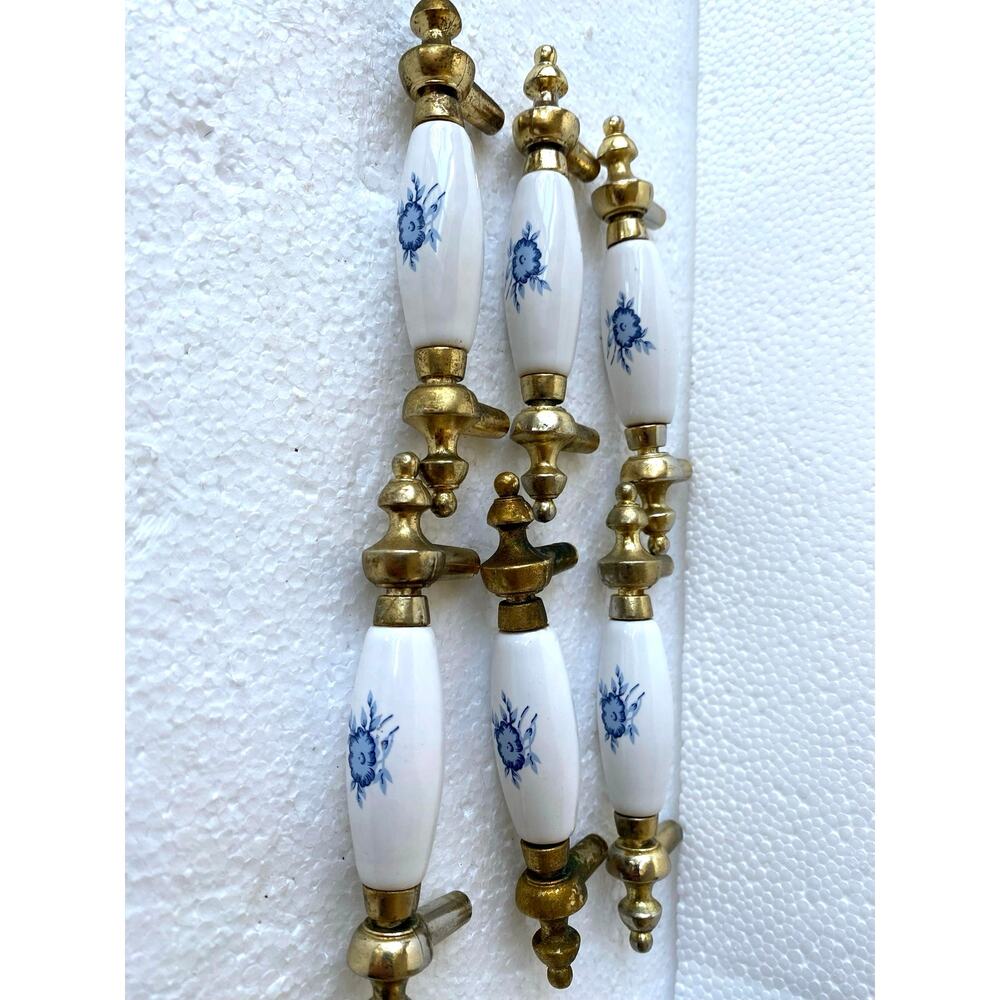 6 vintage style cabinet pull porcelain barrel flanked by polished brass hardware